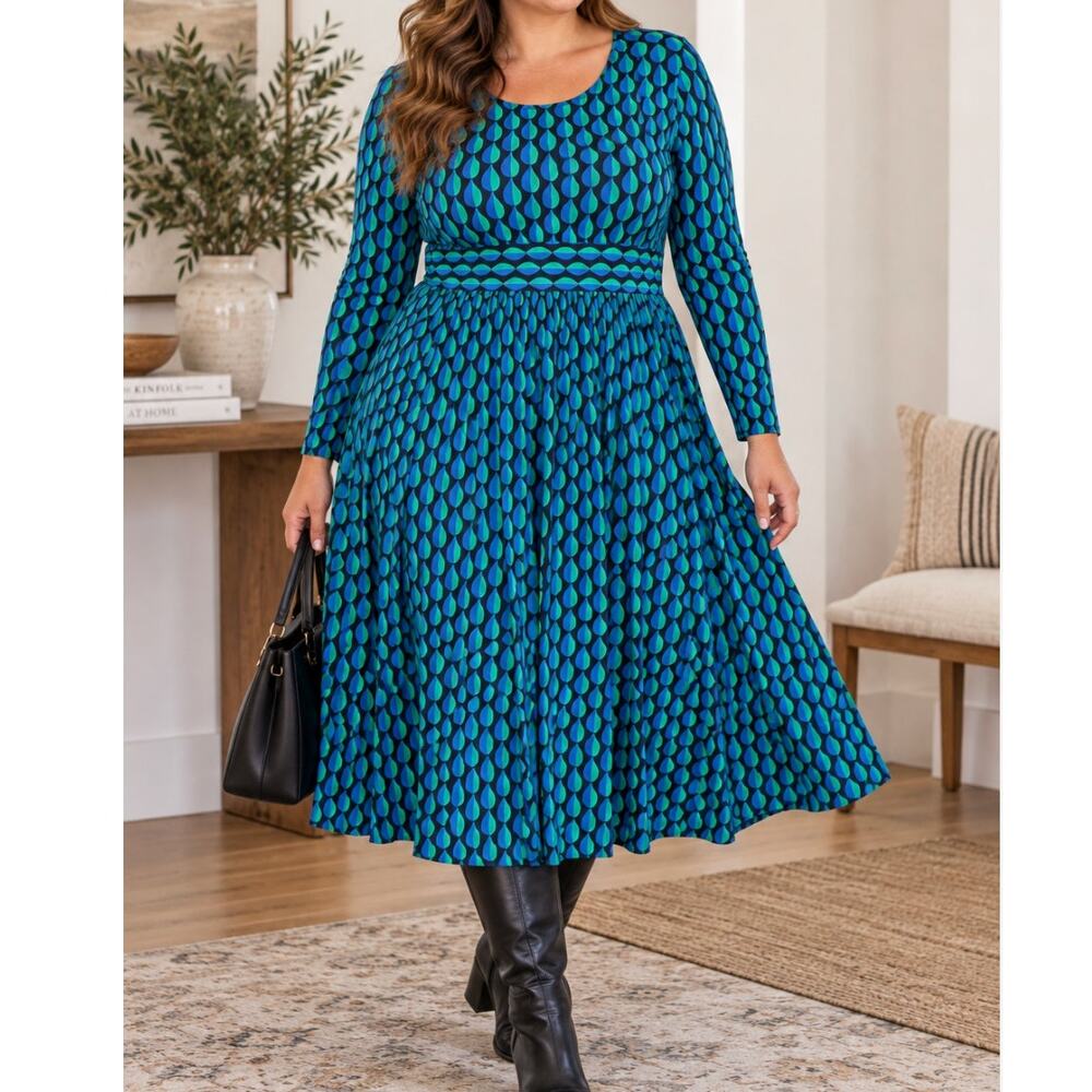 Boden Midi Dress 16-18R Blue Green Geo Print Long Sleeve Fit Flare Stretch